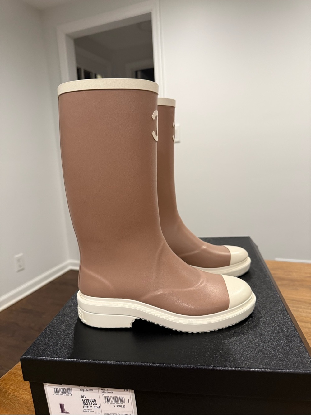 CHANEL Beige and Cream Rubber Knee-High Rain Boots with CC Logo - Picture 3 of 10
